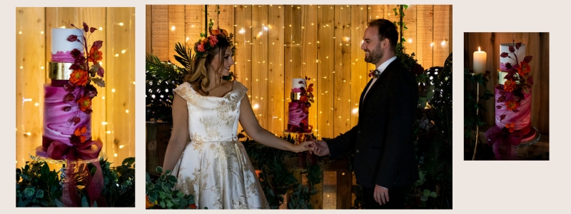 Collage featuring a magenta marbled wedding cake with gold bands and autumn florals, alongside a bride and groom holding hands in front of fairy lights.