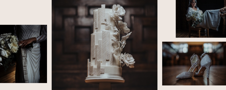 Modern tiered white wedding cake with geometric textured details and sugar flowers set alongside elegant bridal details and shoes.